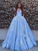 Ball Gown Off-the-Shoulder Sweep/Brush Train Tulle Sleeveless Prom Evening Dress with Applique