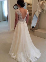 A-Line/Princess Scoop Sweep/Brush Train Chiffon Sleeveless Prom Evening Wedding Dress with Applique