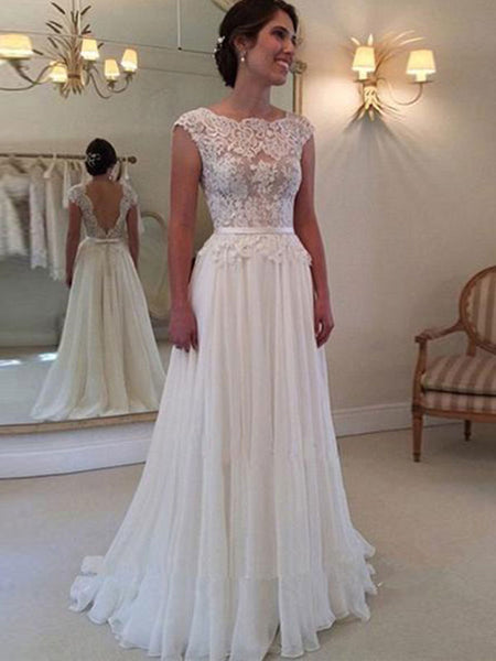 A-Line/Princess Scoop Sweep/Brush Train Chiffon Sleeveless Prom Evening Wedding Dress with Applique