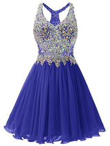 A-Line/Princess V-neck Chiffon Sleeveless Short/Mini Prom Evening Dress with Beading