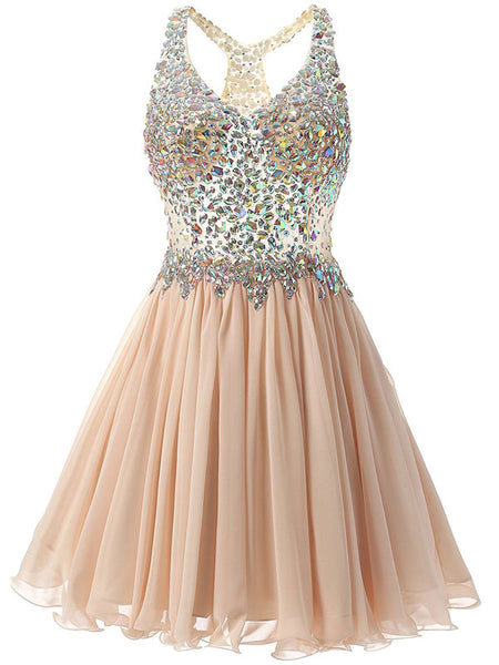 A-Line/Princess V-neck Chiffon Sleeveless Short/Mini Prom Evening Dress with Beading