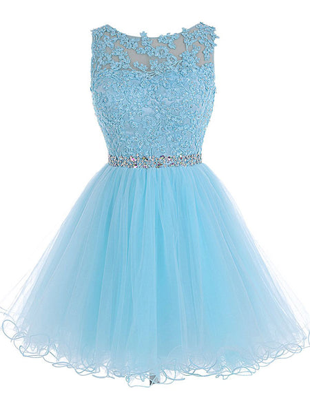 A-Line/Princess Scoop Tulle Sleeveless Short/Mini Prom Evening Dress with Beading Lace