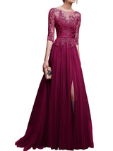 A-Line/Princess Scoop Floor Length Tulle 3/4 Sleeves Prom Formal Evening Dress with Lace Applique