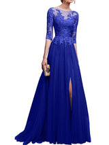 A-Line/Princess Scoop Floor Length Tulle 3/4 Sleeves Prom Formal Evening Dress with Lace Applique