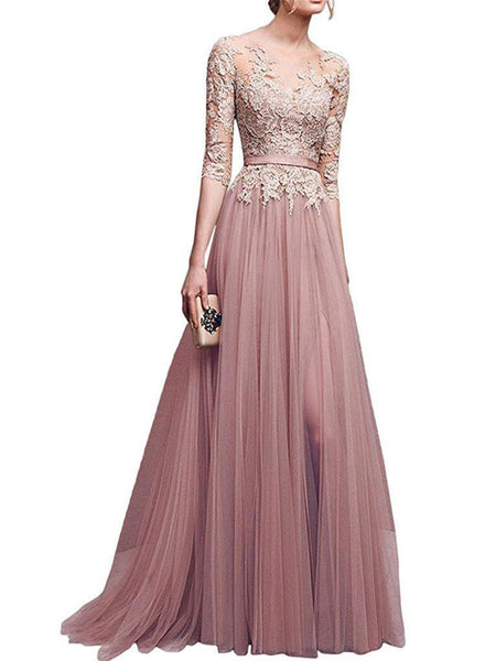 A-Line/Princess Scoop Floor Length Tulle 3/4 Sleeves Prom Formal Evening Dress with Lace Applique