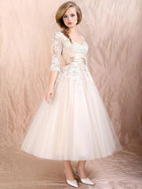A-Line/Princess Scoop Tulle Half Sleeves Short/Mini Prom Evening Dress with Applique