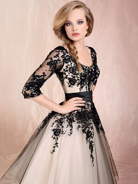 A-Line/Princess Scoop Tulle Half Sleeves Short/Mini Prom Evening Dress with Applique