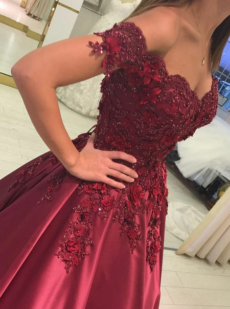 Ball Gown Off-the-Shoulder Floor Length Satin Sleeveless Prom Formal Evening Dress with Applique