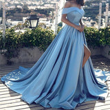 A-Line/Princess Off-the-Shoulder Floor Length Satin Prom Formal Evening Dress with Ruffles