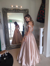 A-Line/Princess Off-the-Shoulder Sleeveless Sweep/Brush Train Satin Prom Evening Dress with Beading