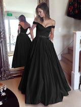 A-Line/Princess Off-the-Shoulder Sleeveless Sweep/Brush Train Satin Prom Evening Dress with Beading