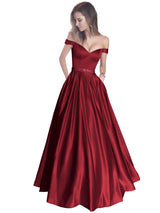 A-Line/Princess Off-the-Shoulder Sleeveless Sweep/Brush Train Satin Prom Evening Dress with Beading