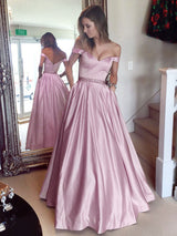 A-Line/Princess Off-the-Shoulder Sleeveless Sweep/Brush Train Satin Prom Evening Dress with Beading