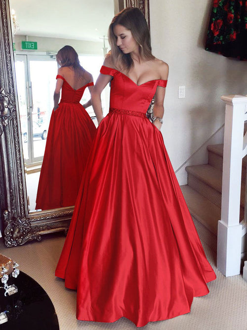 A-Line/Princess Off-the-Shoulder Sleeveless Sweep/Brush Train Satin Pr ...