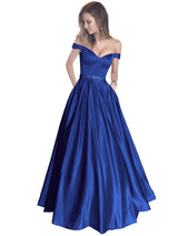 A-Line/Princess Off-the-Shoulder Sleeveless Sweep/Brush Train Satin Prom Evening Dress with Beading