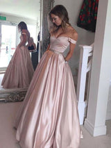 A-Line/Princess Off-the-Shoulder Sleeveless Sweep/Brush Train Satin Prom Evening Dress with Beading