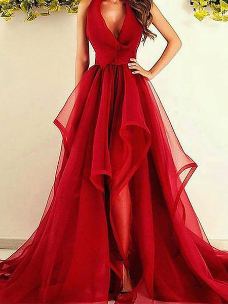 A-Line/Princess V-neck Sleeveless Asymmetrical Organza Prom Evening Dress with Ruffles
