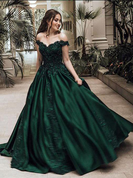Ball Gown Off-the-Shoulder Sleeveless Floor Length Satin Prom Evening Dress with Lace