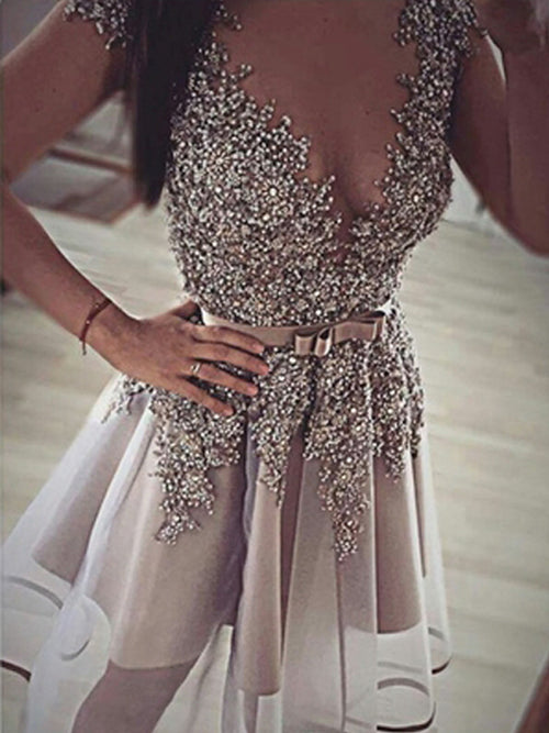 A-Line/Princess V-neck Sleeveless Short/Mini Organza Prom Evening Dress with Sequin