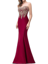 Sheath/Column Bateau Sleeveless Floor Length Satin Prom Evening Dress with Lace Applique
