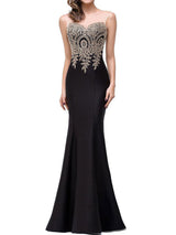 Sheath/Column Bateau Sleeveless Floor Length Satin Prom Evening Dress with Lace Applique