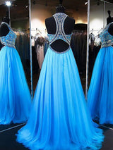 A-Line/Princess Jewel Sleeveless Sweep/Brush Train Tulle Prom Evening Dress with Beading