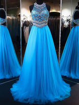 A-Line/Princess Jewel Sleeveless Sweep/Brush Train Tulle Prom Evening Dress with Beading