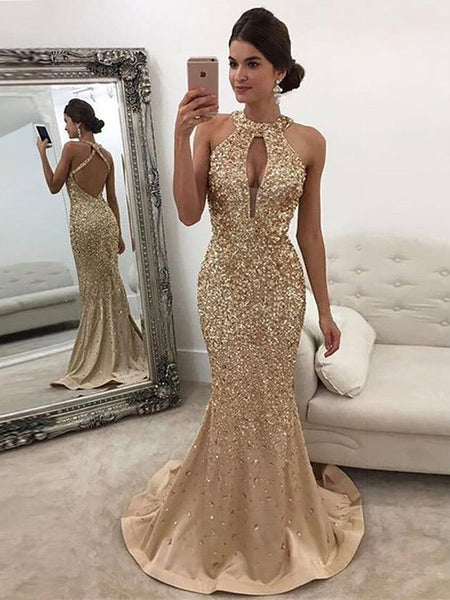 Trumpet/Mermaid Halter Sleeveless Sweep/Brush Train Satin Prom Evening Dress with Sequin