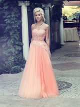 A-Line/Princess Strapless Sleeveless Floor Length Chiffon Prom Evening Dress with Applique