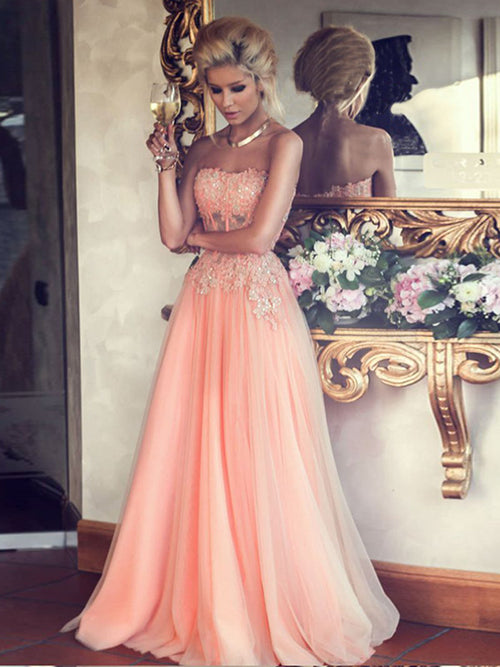 A-Line/Princess Strapless Sleeveless Floor Length Chiffon Prom Evening Dress with Applique