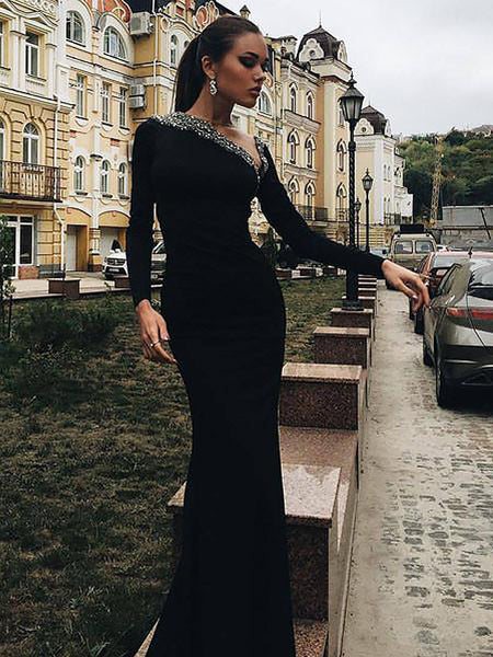 Trumpet/Mermaid One-Shoulder Long Sleeves Sweep/Brush Train Spandex Prom Evening Dress with Beading
