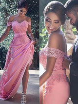 Sheath/Column Off-the-Shoulder Sleeveless Sweep/Brush Train Satin Prom Evening Dress with Lace