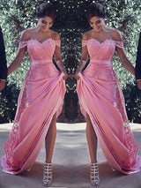 Sheath/Column Off-the-Shoulder Sleeveless Sweep/Brush Train Satin Prom Evening Dress with Lace