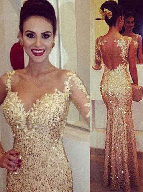 Sheath/Column Straps Long Sleeves Sequins Floor Length Prom Formal Evening Dress with Sequin
