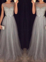 A-Line/Princess Scoop Sleeveless Tulle Sweep/Brush Train Prom Formal Evening Dress with Beading