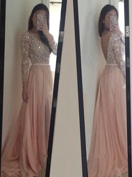 A-Line/Princess Scoop Long Sleeves Chiffon Sweep/Brush Train Prom Evening Dress with Applique