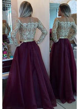 A-Line/Princess Scoop Sleeveless Organza Floor Length Prom Formal Evening Dress with Applique