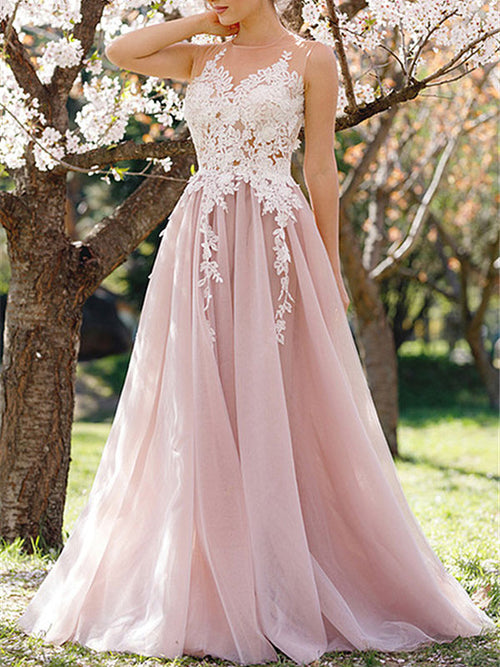 A-Line/Princess Jewel Floor-Length Tulle Sleeveless Prom Formal Dress with Lace Applique