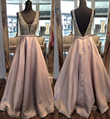 A-Line/Princess V-Neck Sleeveless Floor Length Satin Prom Dress with Beading