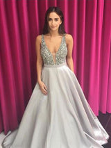 A-Line/Princess V-Neck Sleeveless Floor Length Satin Prom Dress with Beading