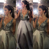 A-Line/Princess V-Neck Sleeveless Floor Length Satin Prom Dress with Beading