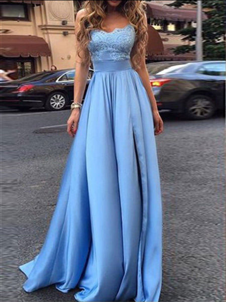 A-Line/Princess V-Neck Sleeveless Sweep/Brush Train Taffeta Prom Formal Dress with Lace