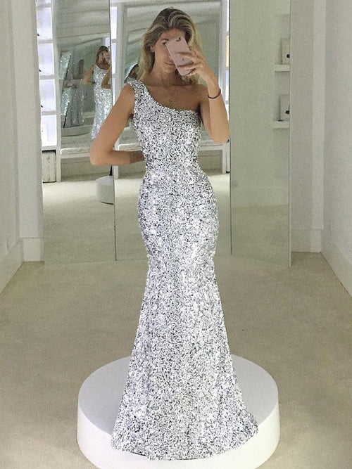 Mermaid/Trumpet One-Shoulder Sleeveless Floor Length Sequined Prom Formal Dress
