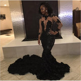 Trumpet/Mermaid Jewel Court Train Tulle Long Sleeves Prom Evening Dress with Applique