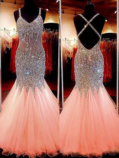 Mermaid/Trumpet V-Neck Sleeveless Floor Length Prom Evening Dress with Sequins