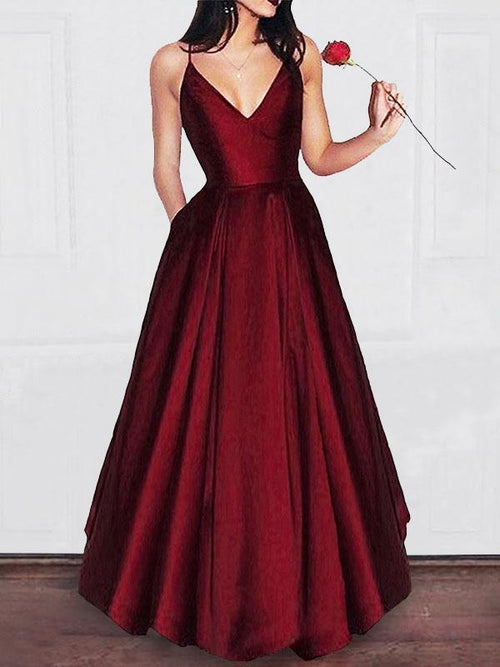 A-Line/Princess V-neck Sleeveless Floor Length Satin Evening Formal Dress with Ruffles