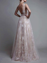 A-Line/Princess V-neck Sleeveless Floor Length Tulle Prom Formal Dress with Beading