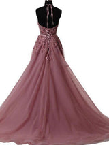 A-Line/Princess Halter Sleeveless Sweep/Brush Train Tulle Prom Formal Dress with Applique