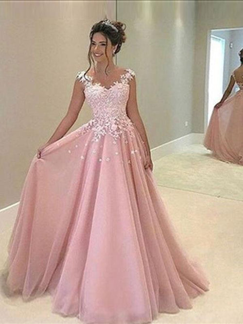 A-Line/Princess Sweetheart Sleeveless Floor Length Tulle Prom Formal Dress with Applique