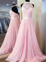 A-Line/Princess Halter Sleeveless Sweep/Brush Train Tulle Prom Formal Dress with Lace